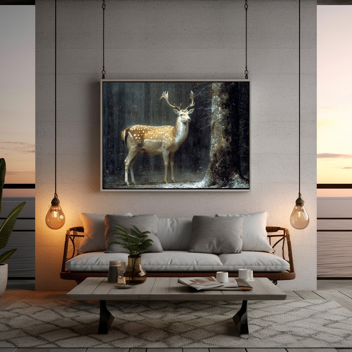 Fallow Deer Stag With Antlers in Dark Winter Forest Moody Wildlife Painting Poster - Image 4