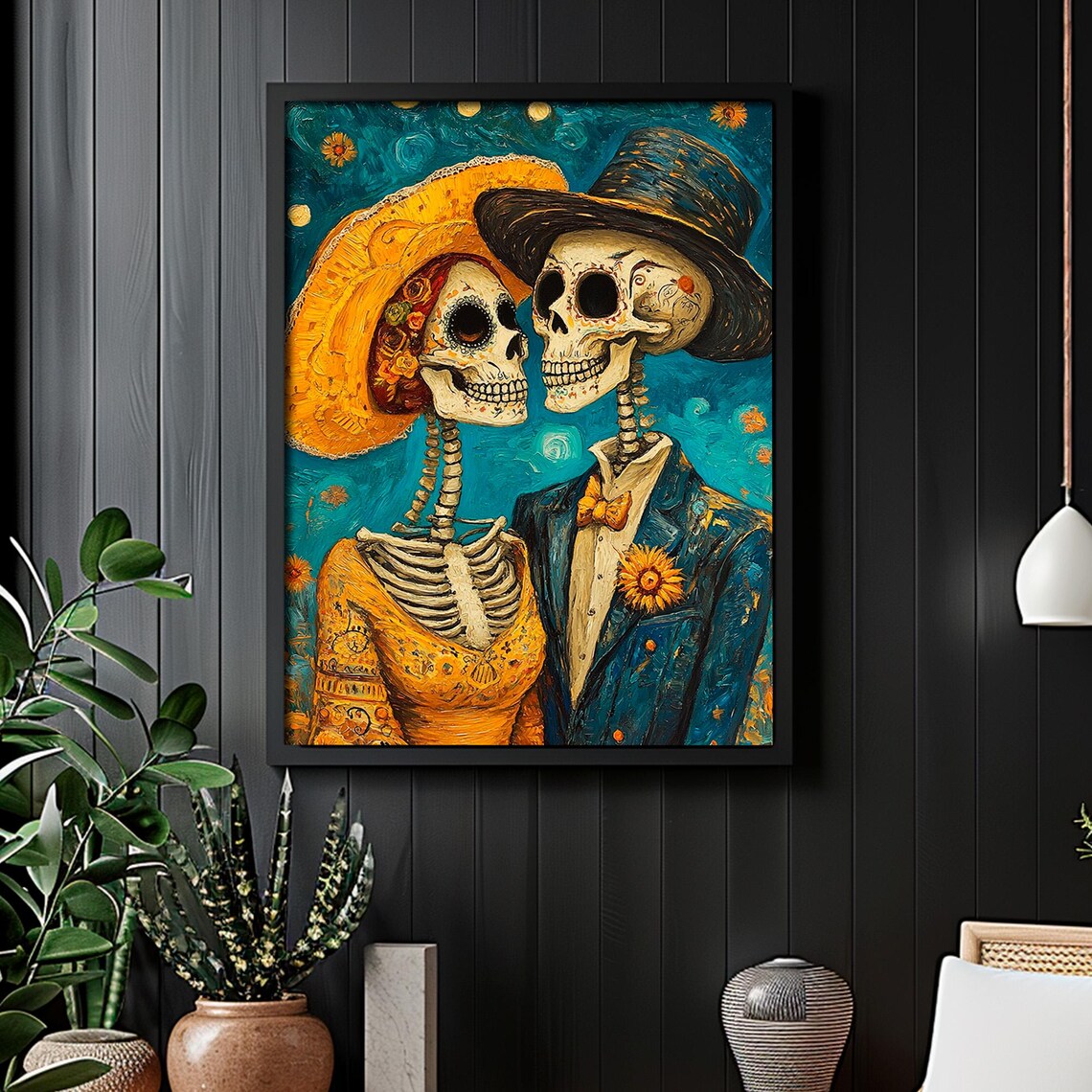 Day of the Dead Skeleton Couple Starry Sky Bow Tie Sugar Skull Portrait Poster - Image 2
