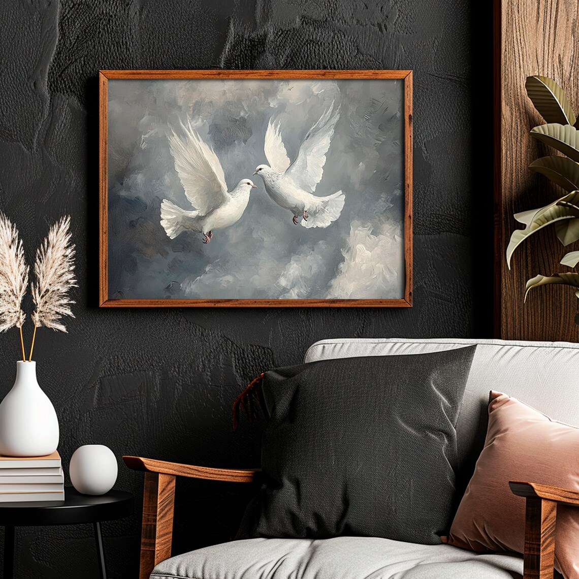 Two White Doves in Flight Stormy Sky Symbol of Love and Peace Poster - Image 5