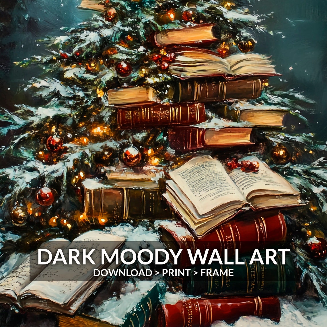 Book Stack Christmas Tree With Star Topper Snowy Night Print - Image 6