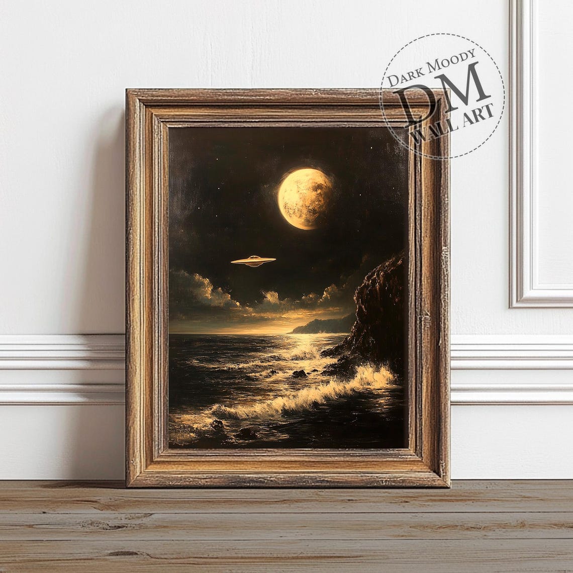 Moonlit Ocean UFO Moody Dark Sci Fi Golden Moon Night Sky Poster