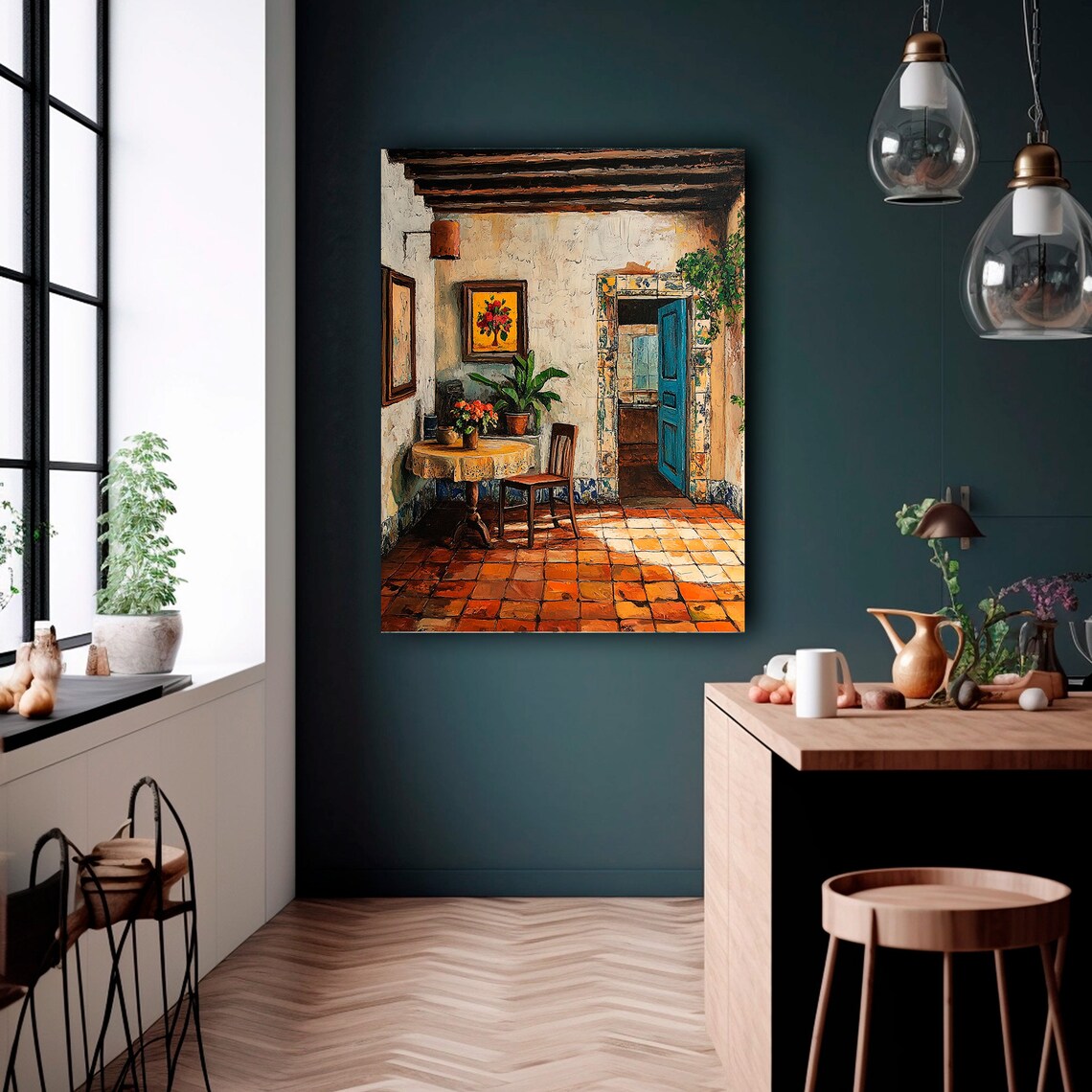 Rustic Mexican Courtyard Blue Door Terracotta Tile Mediterranean Poster - Image 2