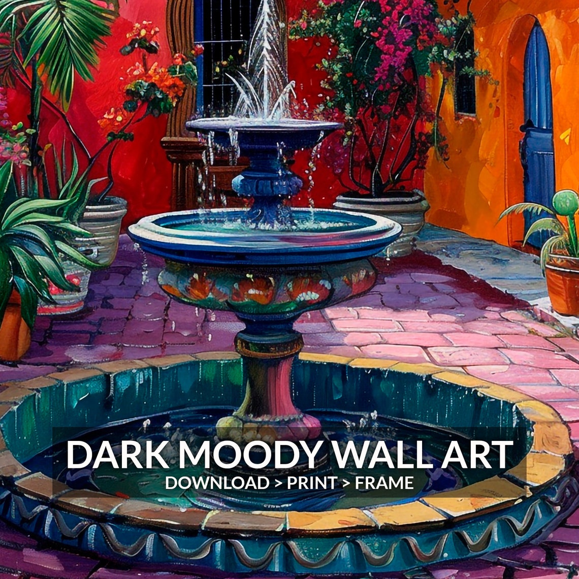 Mexican Courtyard Talavera Fountain Red Walls Palm Trees Art Poster - Image 6