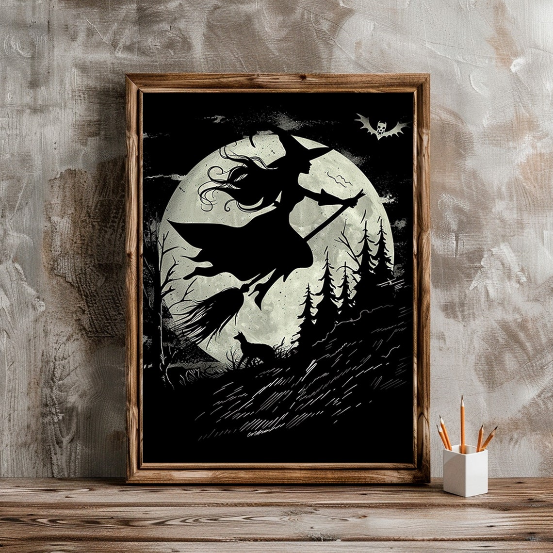Witch Silhouette Flying Broom Full Moon Black Gothic Art Print - Image 4
