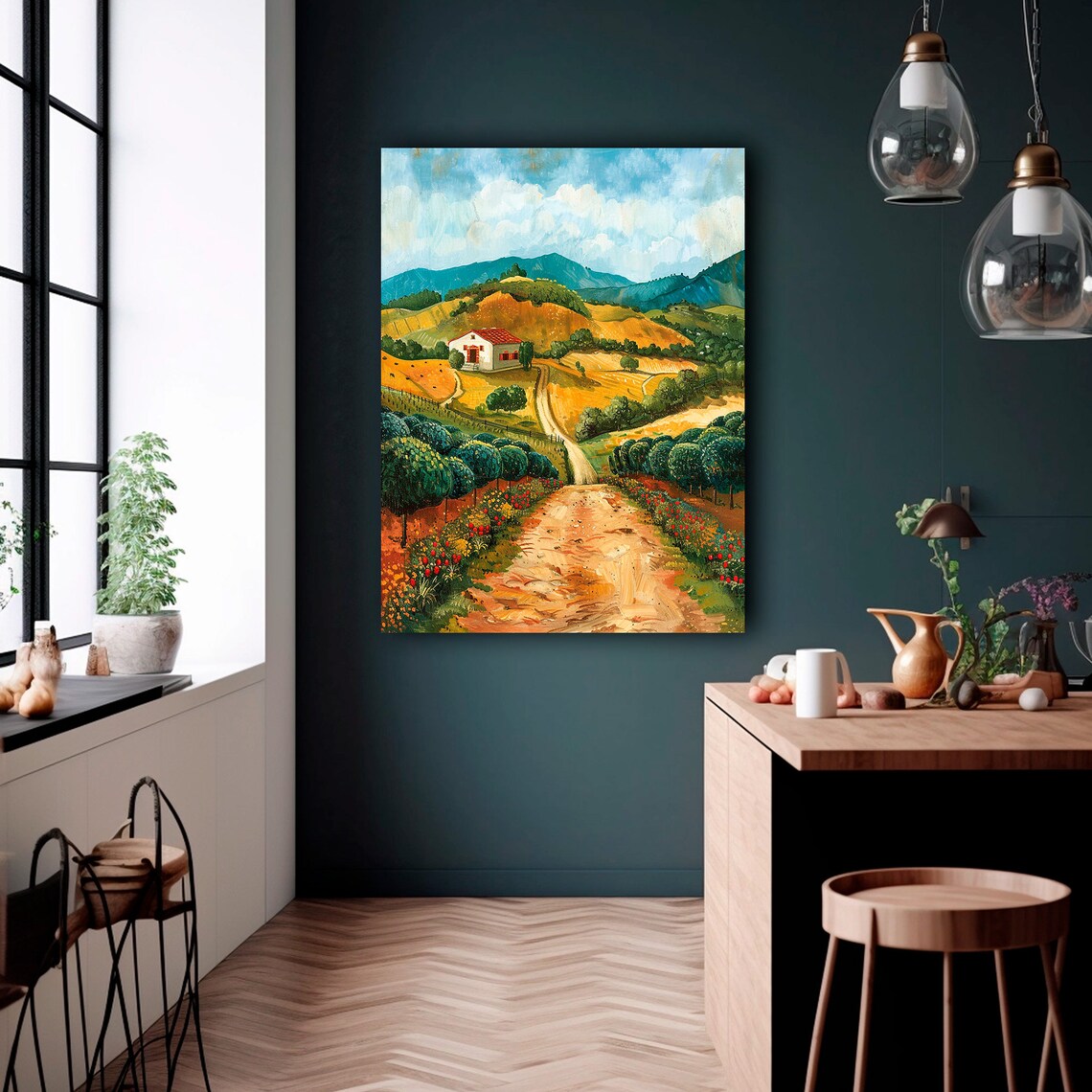 Golden Farm Valley Farmhouse Orchard Autumn Landscape Art Print - Image 4