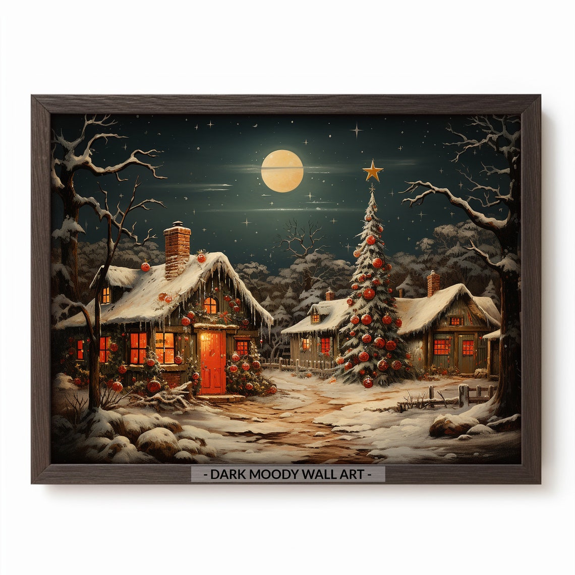 Santa Claus Village Snowy Cabins Moonlit Christmas Tree Poster