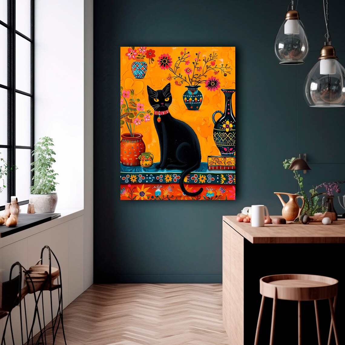 Black Cat Folk Art Painting Pottery Flowers Orange Mexican Art Poster - Image 2