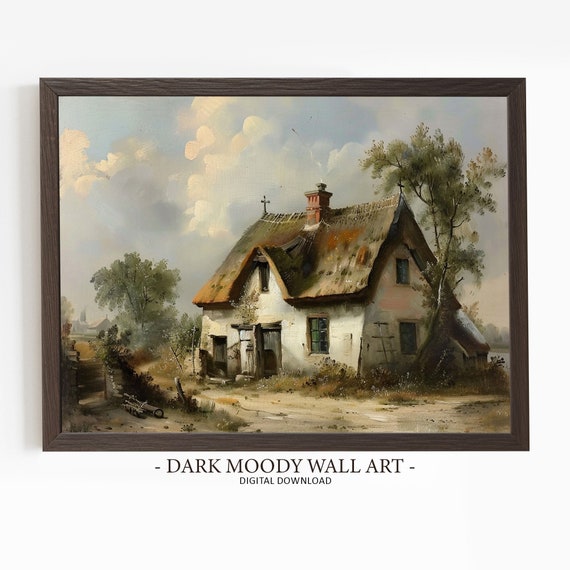 Irish Cottage Print Dark Moody Art Wall Art Rustic Ireland Landscape Thatched Cottage Painting