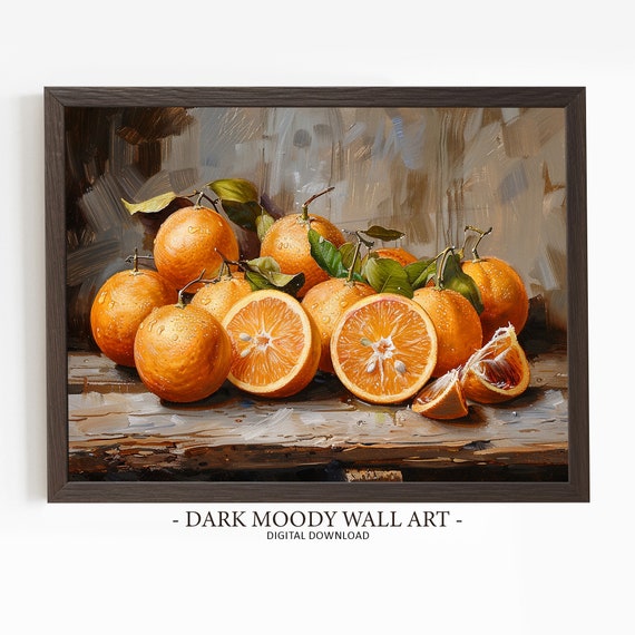 Orange Painting Dark Moody Art Kitchen Fruit Still Life Print Wall Art