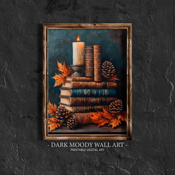 Rustic Fall Decor Wall Art Fall Book Stack Art Moody Wall Art Vintage Autumn Art Painting Dark Academia Thanksgiving Decor