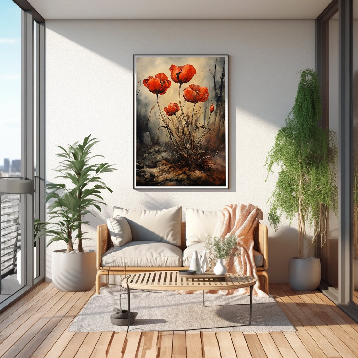 Soft Red Poppies in the Mist Watercolor Floral Landscape Poster - Image 2