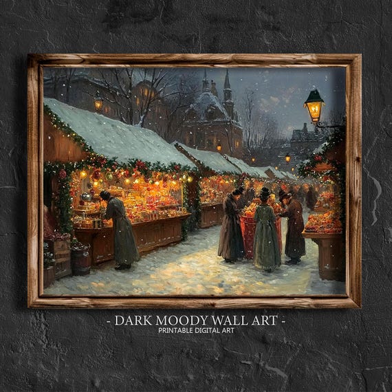 Victorian Christmas Market Print Vintage Town Scene Wall Art Village Street Moody Painting