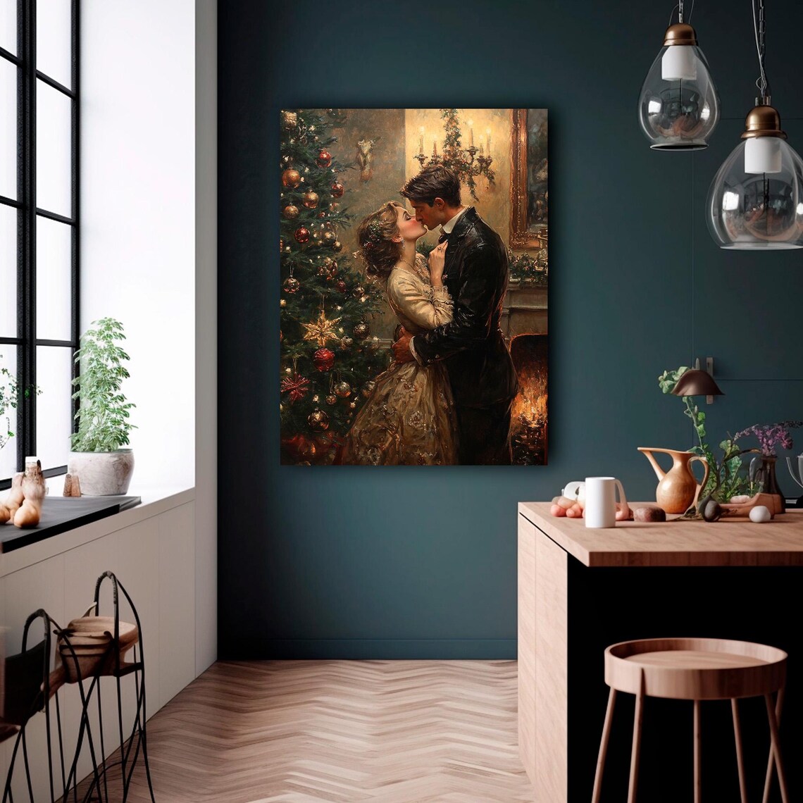 Victorian Couple Kissing By Christmas Tree Fireplace Romance Wall Art - Image 4