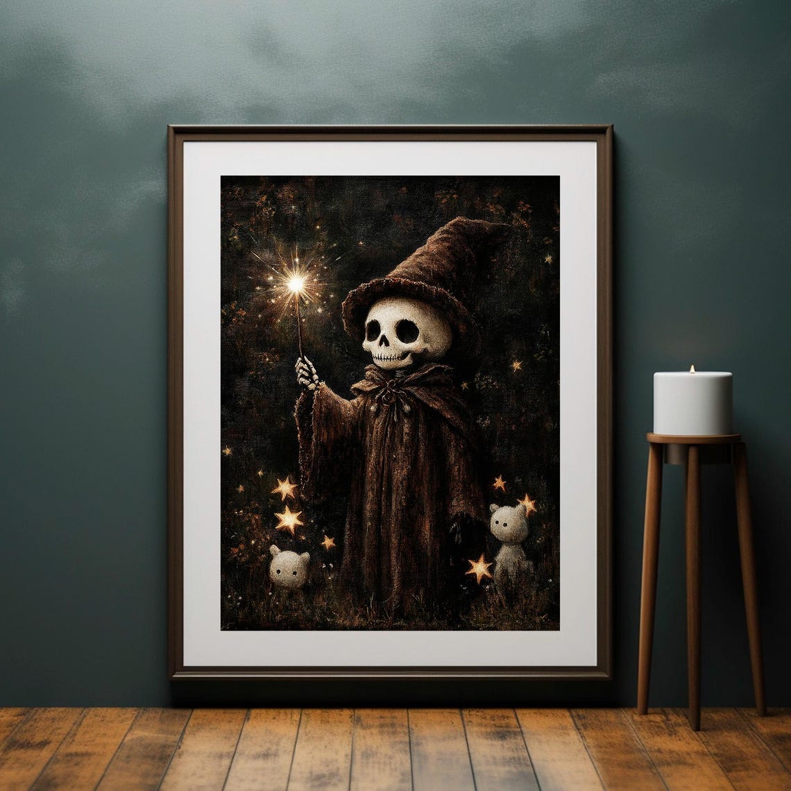Skeleton Wizard Holding Sparkler Tiny Ghosts Cute Halloween Art Poster - Image 2