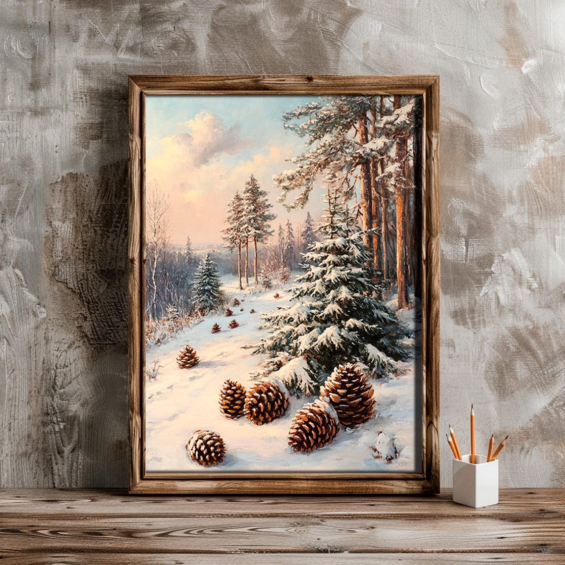 Winter Forest Snow Landscape Pinecones Pastel Morning Poster - Image 6
