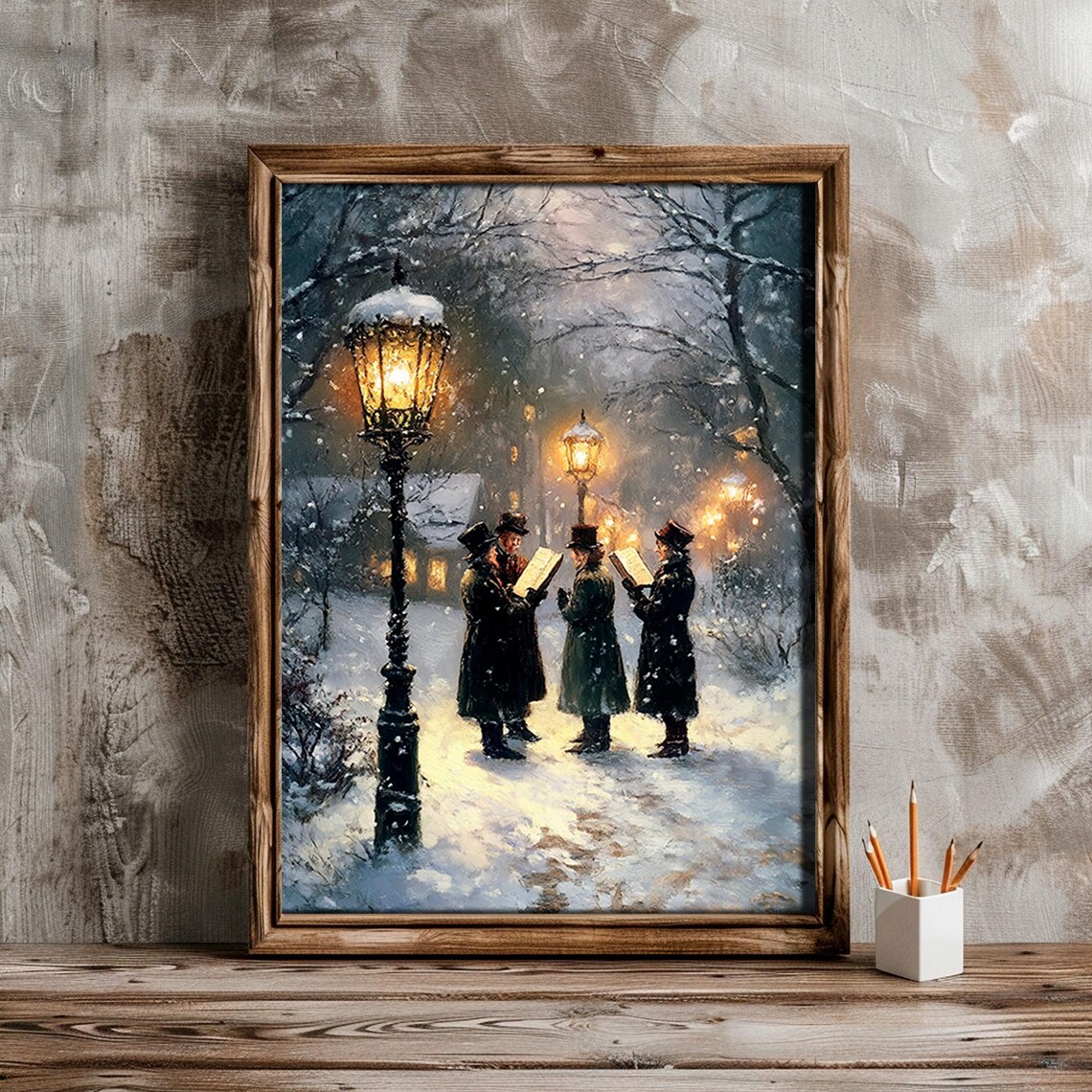 Vintage Men Caroling Beneath Glowing Lampposts Snowy Night Wall Art - Image 6