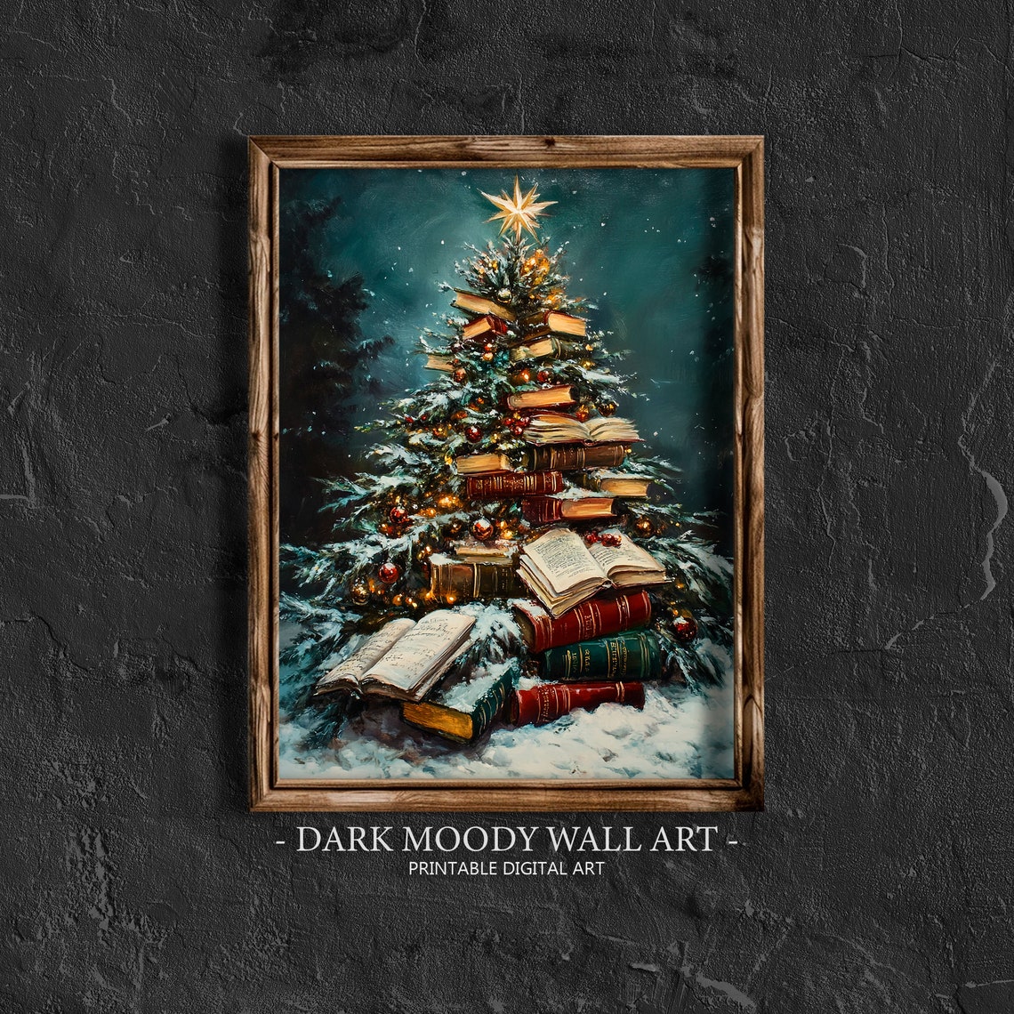 Book Stack Christmas Tree With Star Topper Snowy Night Print