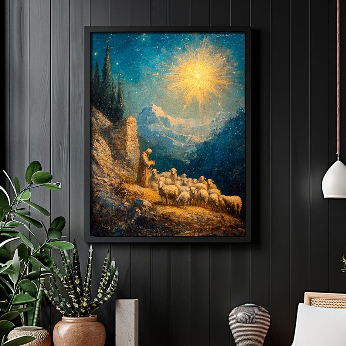 Shepherd With Sheep Under Blazing Star Rocky Hillside Night Wall Art - Image 2