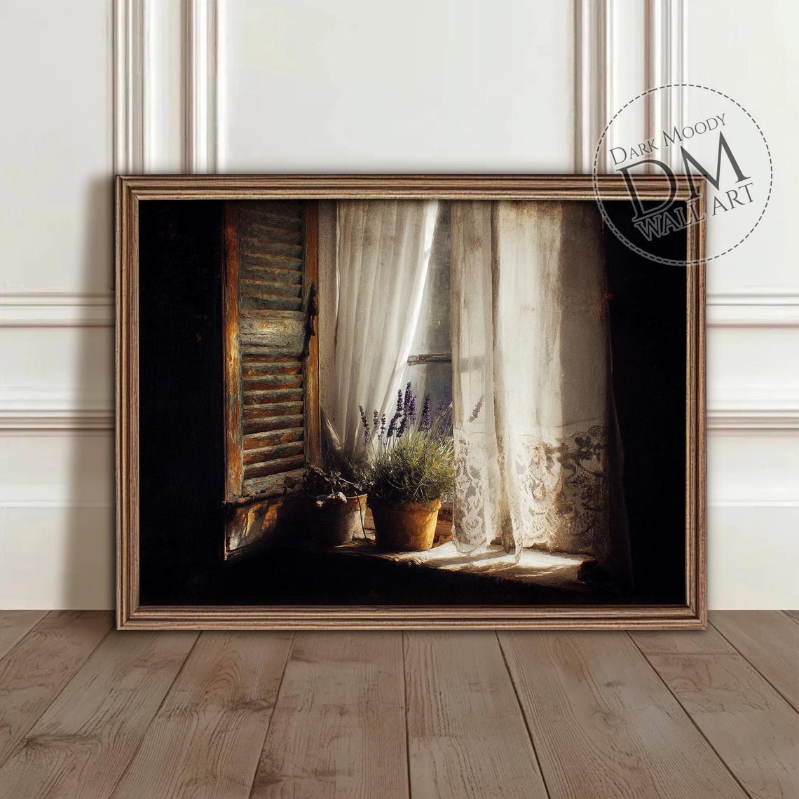 Old Window With Lace Curtains Lavender Pots Sunlight Painting Poster