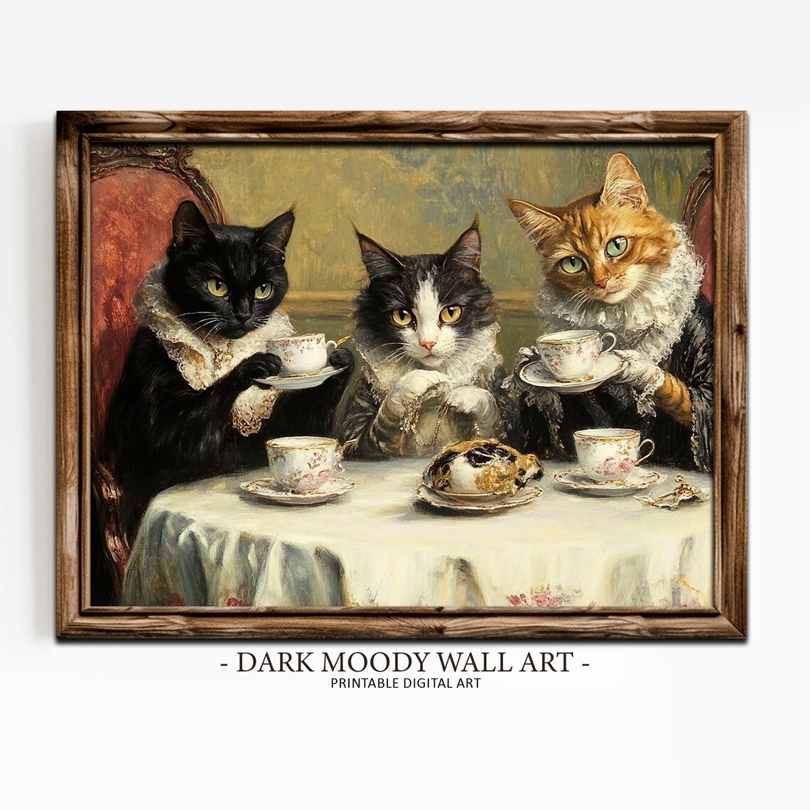 Tea Party Cat Painting, Vintage Cottagecore Decor