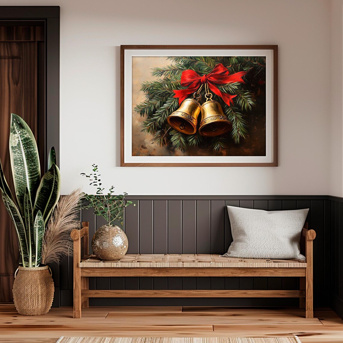 Golden Christmas Bells Red Bow Pine Branch Vintage Holiday Art Poster - Image 2