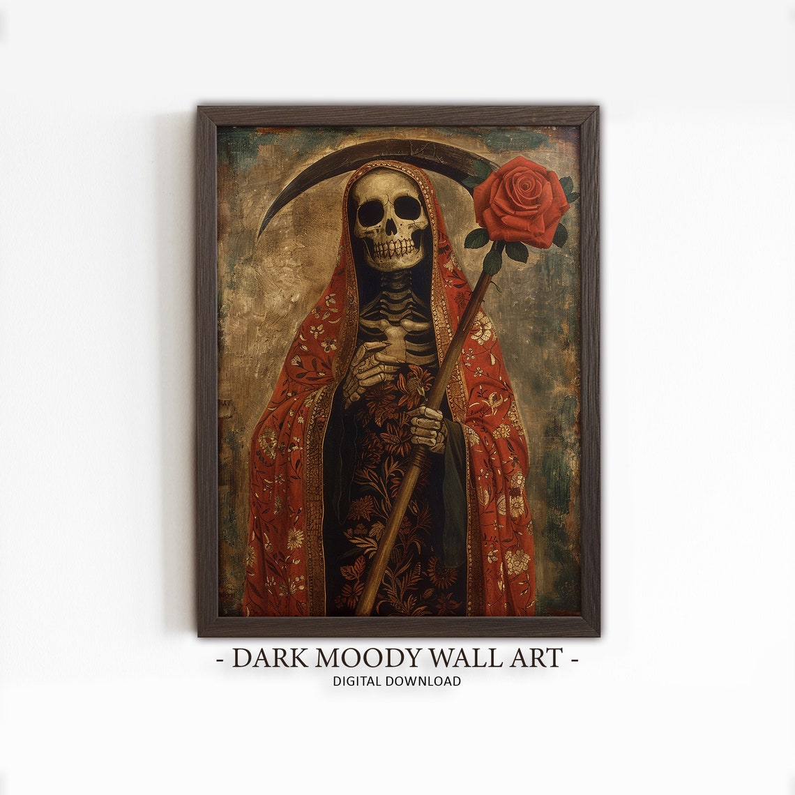 Santa Muerte Skeleton in an Embroidered Red Robe with Scythe Poster