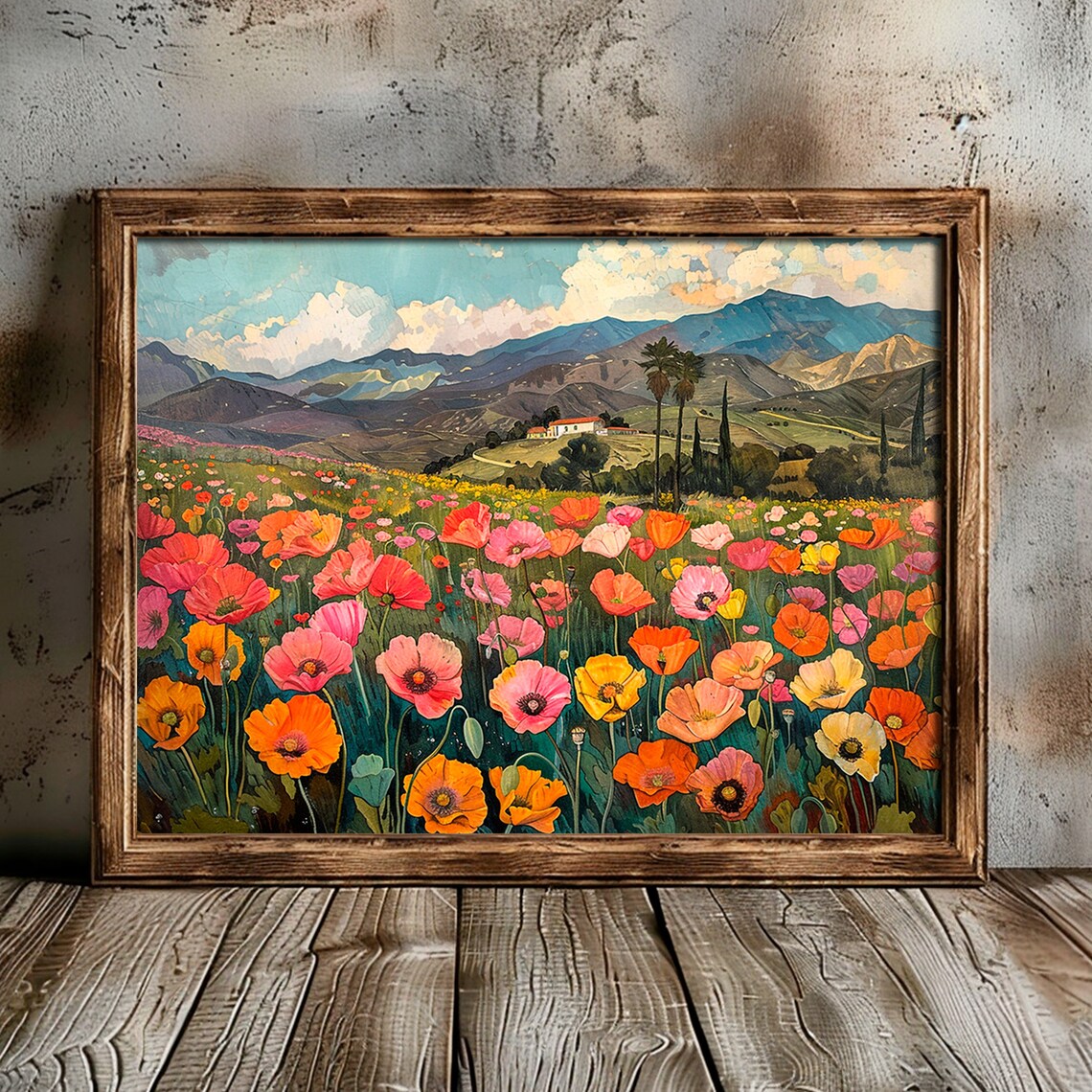 Wild Poppy Field Farmhouse Mountain Landscape Colorful Art Print - Image 4