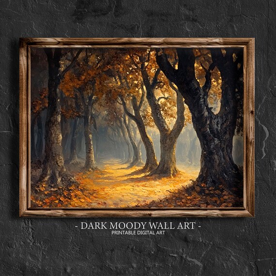 Misty Ancient Oak Forest Golden Light Moody Woodland Path Painting Poster