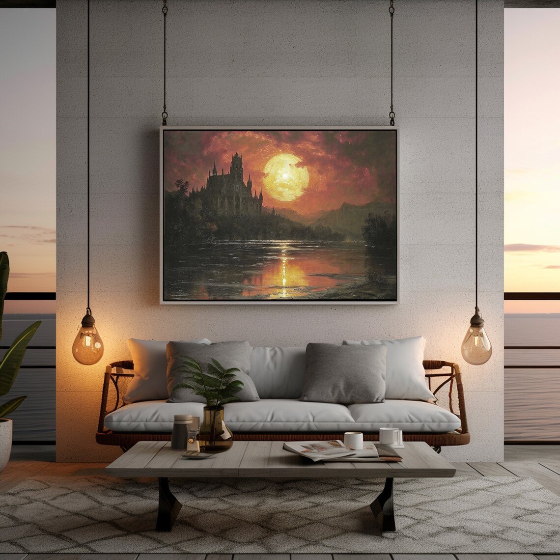 Medieval Castle Under Giant Blood Red Moon Over Lake Gothic Night Painting Poster - Image 2