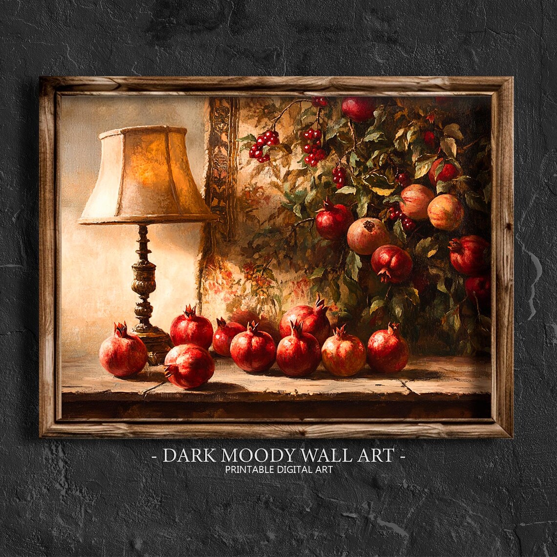 Pomegranates and Antique Lamp Warm Still Life Rustic Kitchen Art Poster