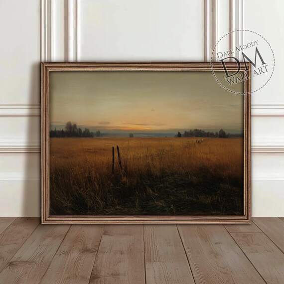 English Countryside Sunset Golden Wheat Field Moody Rustic Wall Art