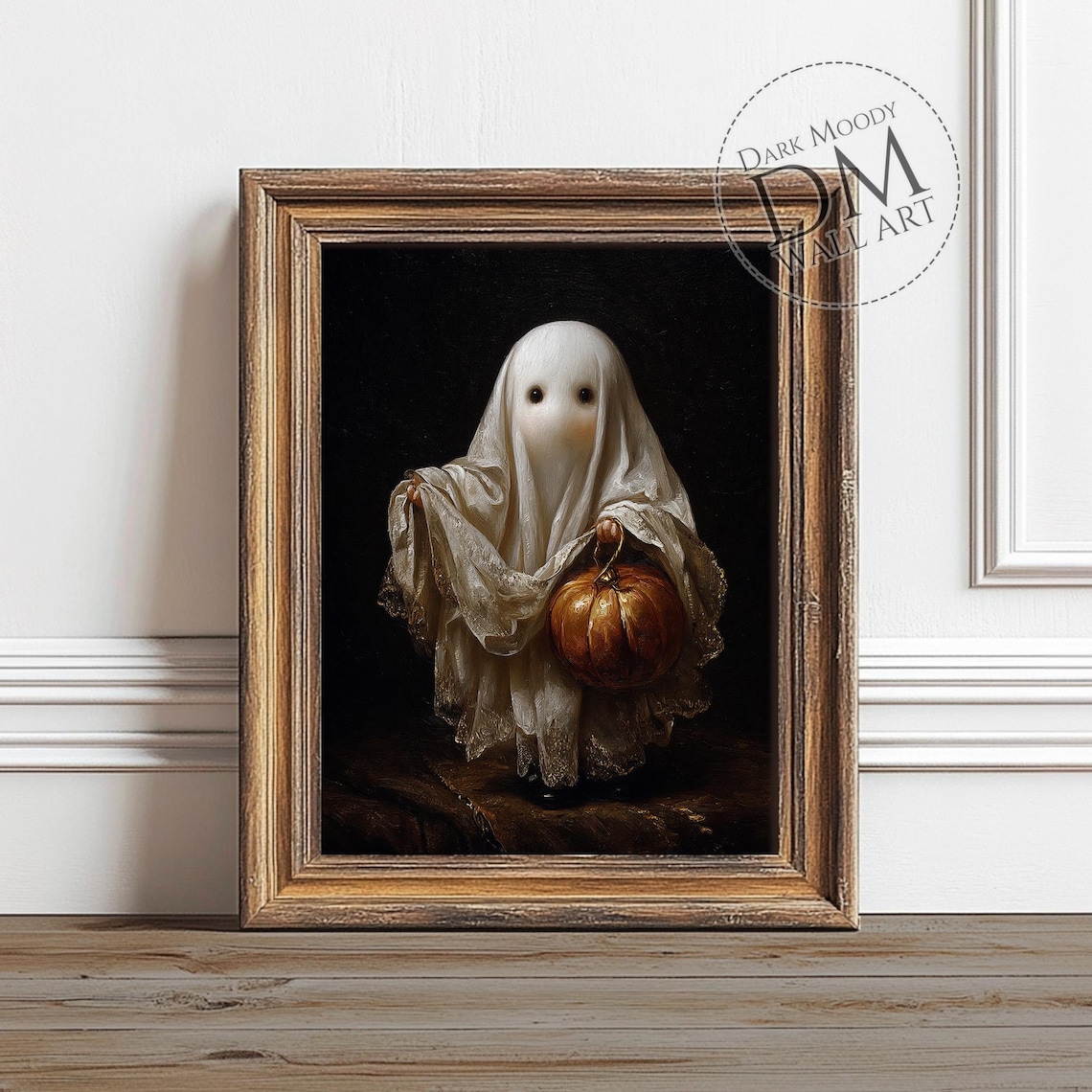 Cute Little Ghost Holding Pumpkin Dark Background Halloween Art Print