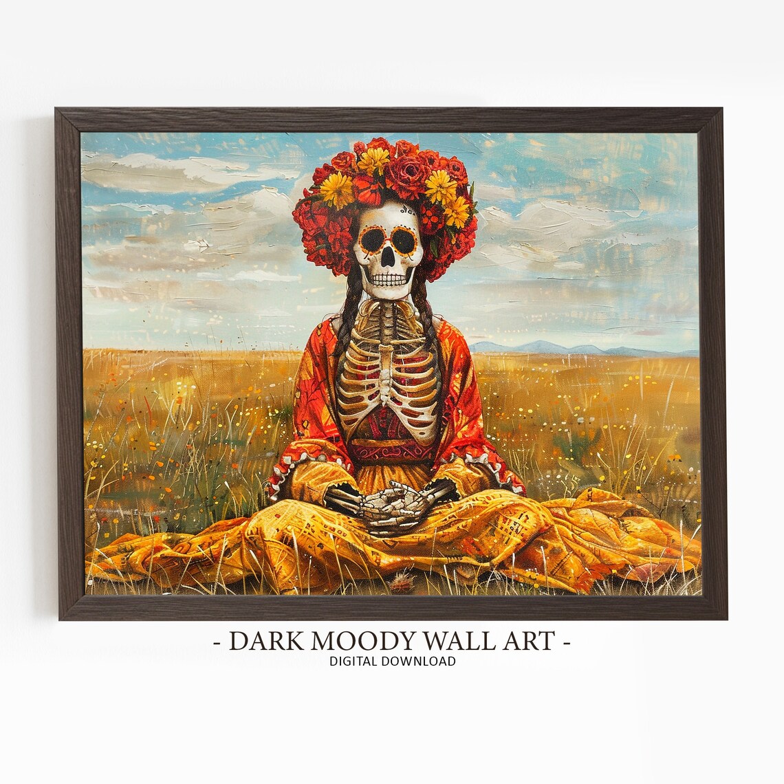 Catrina Skeleton Flower Crown Golden Field Day of Dead Poster