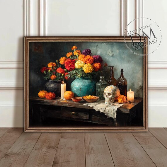 Dia de Muertos Altar Marigolds Skull Candle Moody Still Life Poster