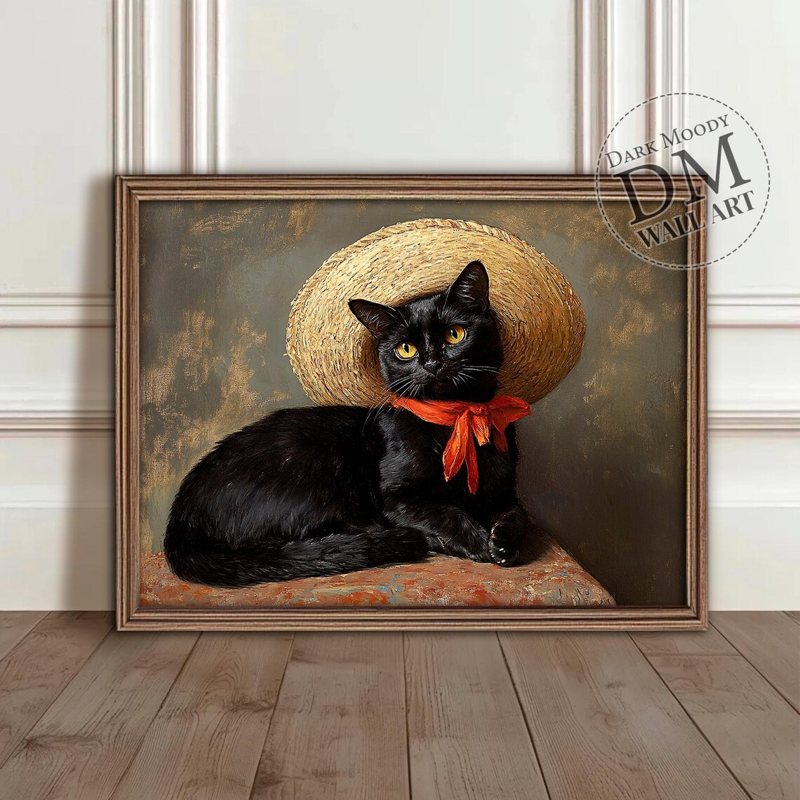 Black Cat Mexican Sombrero Animal Portrait Art Print