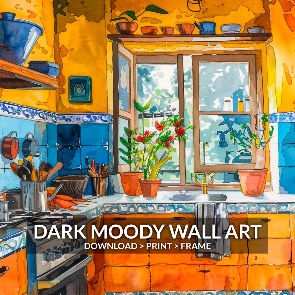 Bright Mexican Kitchen Watercolor Orange Tiles Blue Accents Painting Poster - Image 2