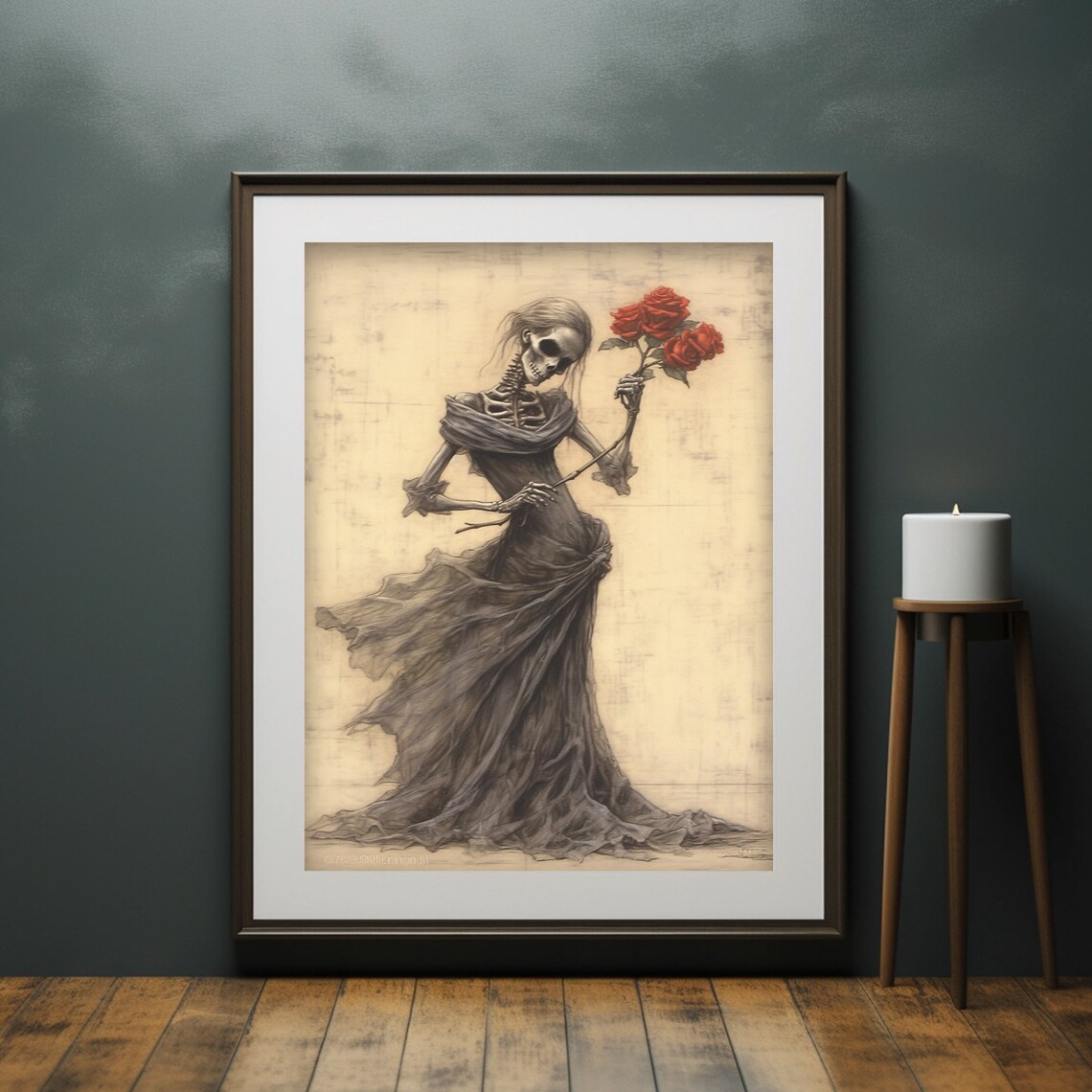 Skeleton Lady in Dark Gown Holding Red Roses Gothic Halloween Painting Poster - Image 6
