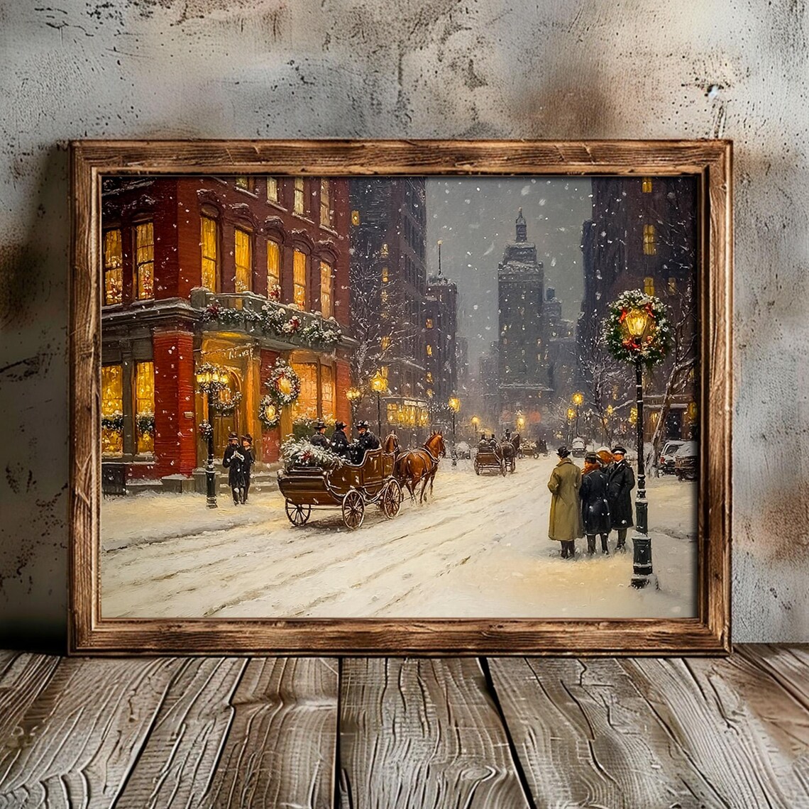 Victorian Horse Carriage Snowy Street Wreath Hotel Glow Poster - Image 2