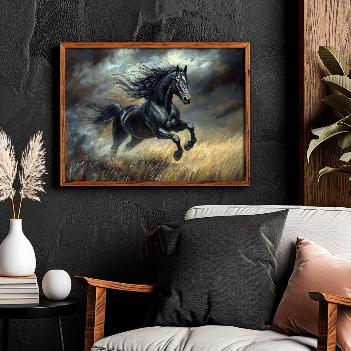 Black Horse Rearing In Golden Grass Stormy Sky Moody Equine Wall Art - Image 5