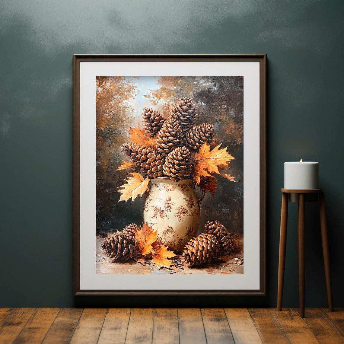 Pinecone Bouquet Fall Leaves Vintage Vase Still Life Wall Art - Image 2