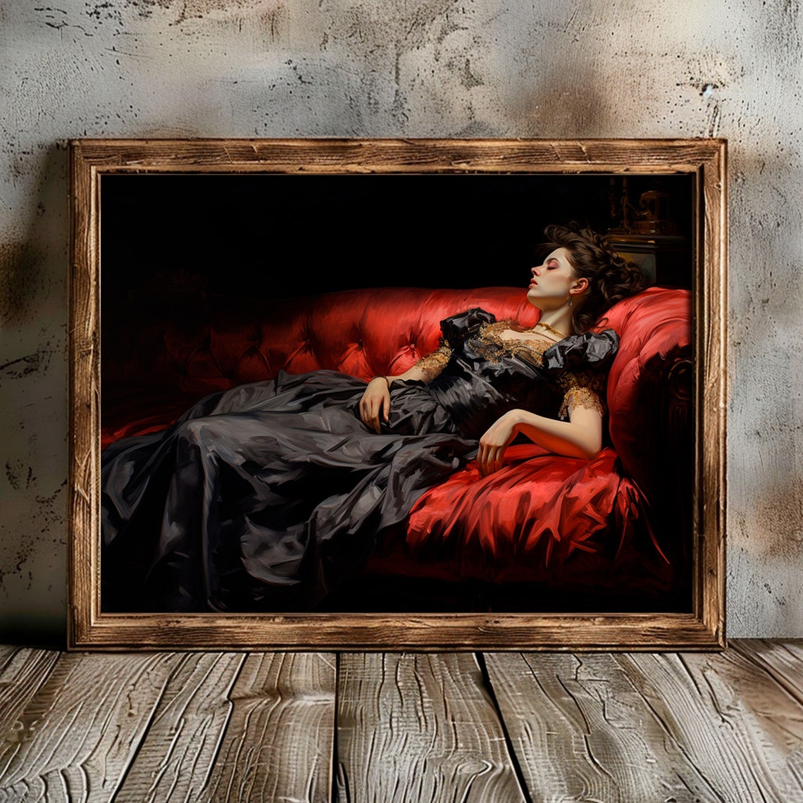 Victorian Woman Black Gown Red Velvet Sofa Dark Romance Art Print - Image 4
