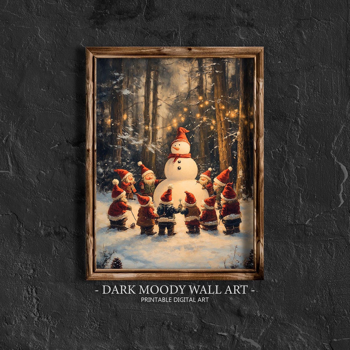 Snowman Surrounded by Gnomes in Snowy Christmas Forest Night Wall Art