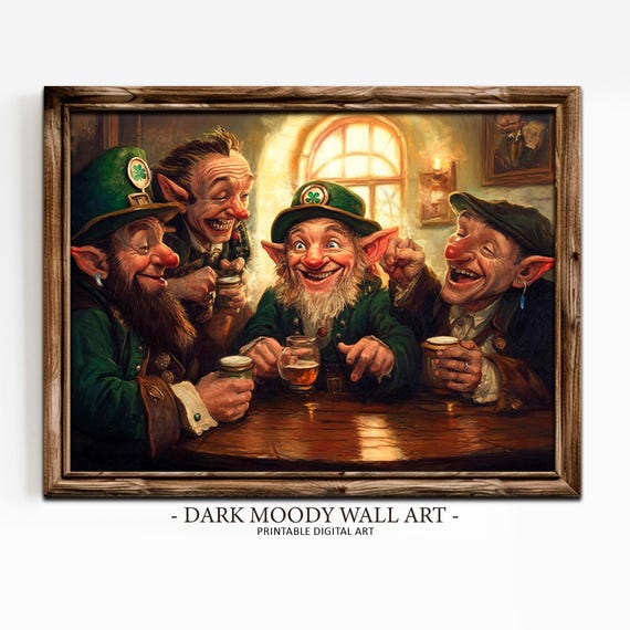 Leprechaun In Irish Pub Print Vintage St Patricks Day Decor Dark Moody Gnomes Painting