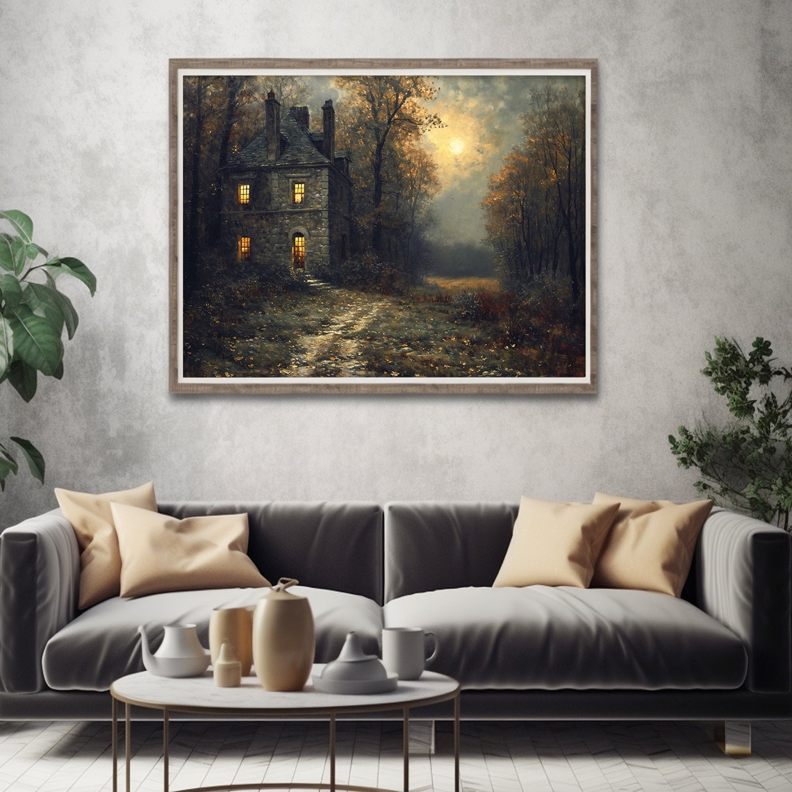 Stone Cottage with Lit Windows in an Autumn Forest at Night Art Poster - Image 5