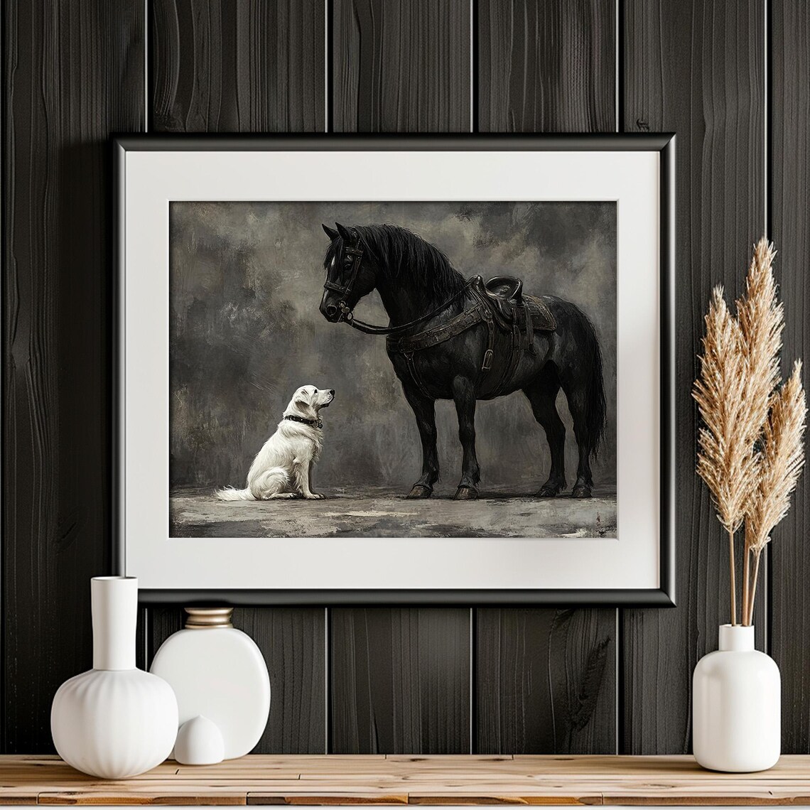 Black Horse And White Dog Vintage Dark Moody Animal Wall Art - Image 2
