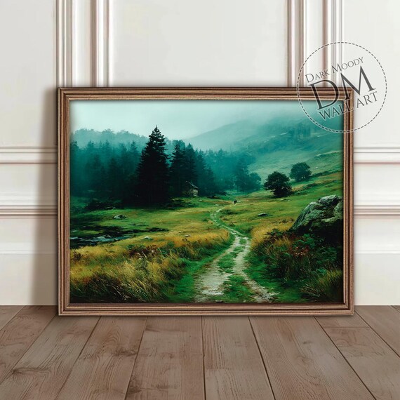 Scottish Highland Landscape, Moody Forest Path Art Print
