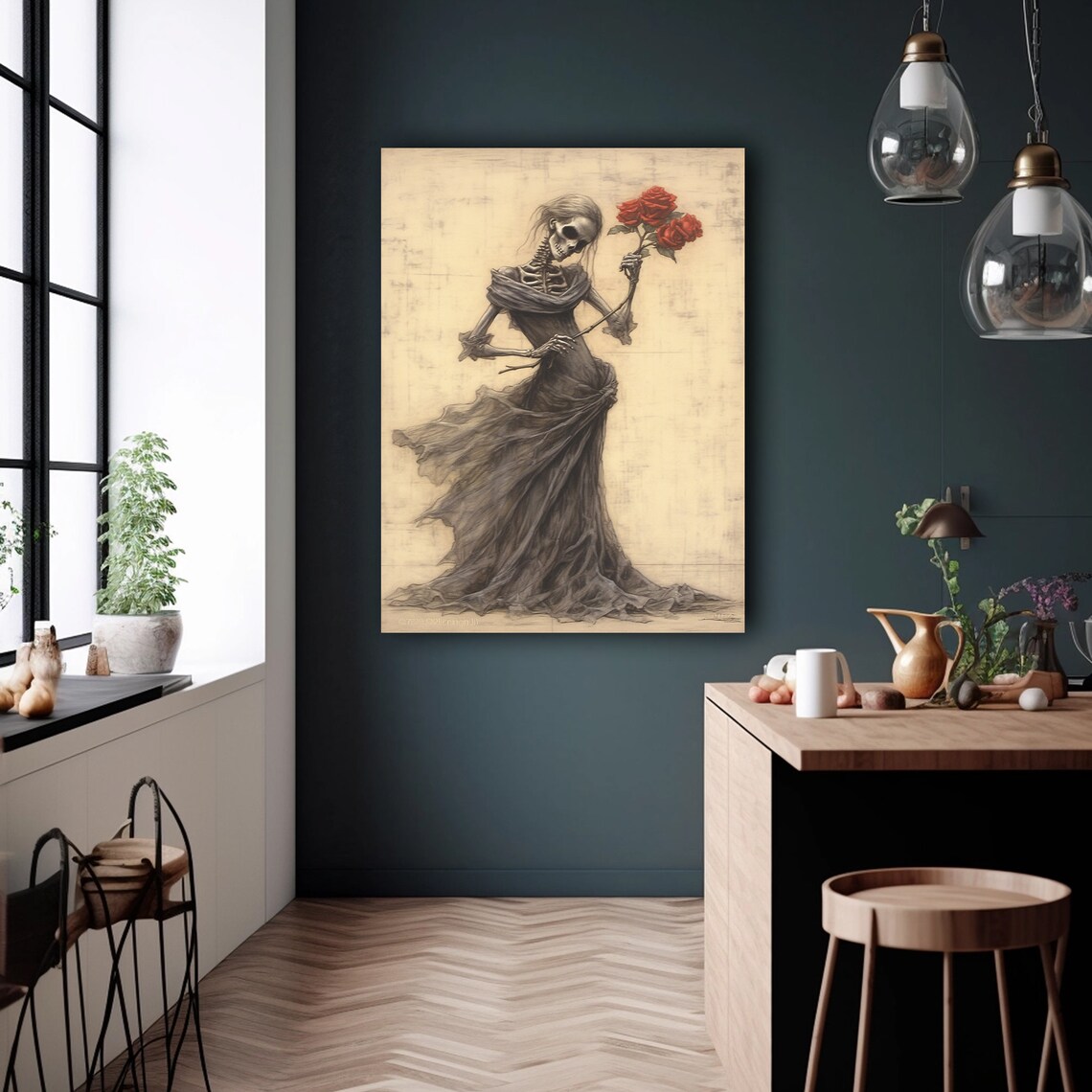 Skeleton Lady in Dark Gown Holding Red Roses Gothic Halloween Painting Poster - Image 5