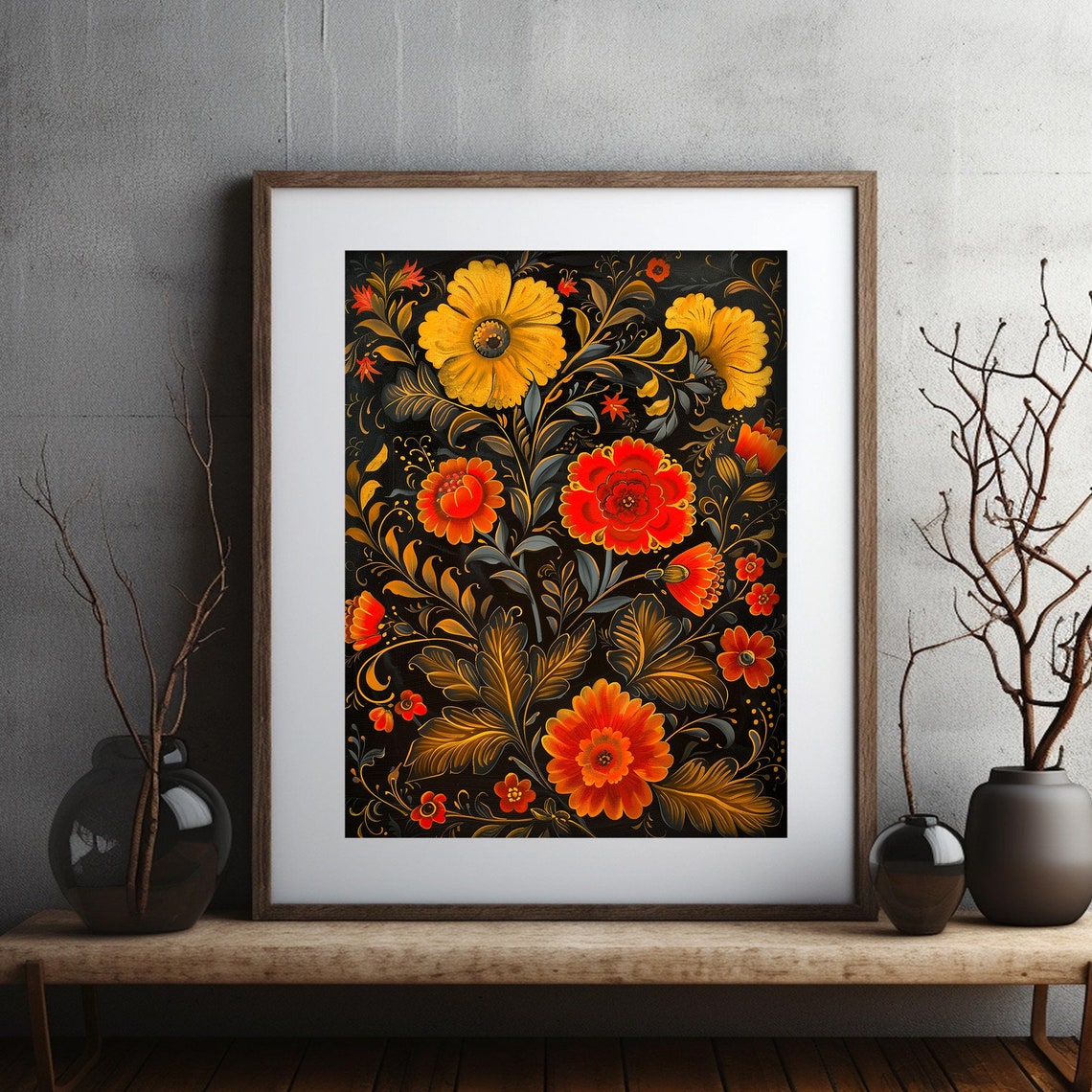 Russian Khokhloma Folk Floral Pattern Black Gold Art Decor Poster - Image 2