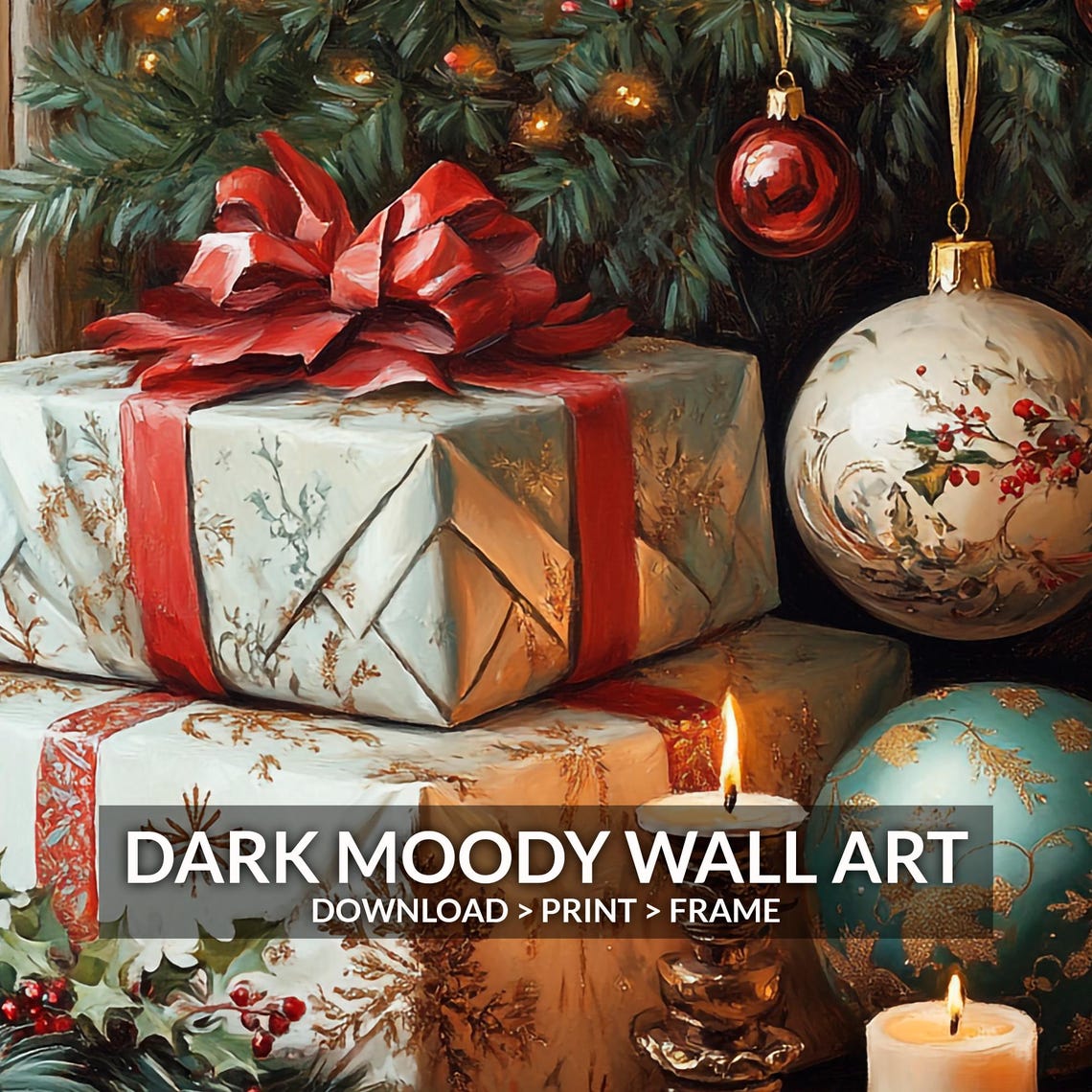 Wrapped Gifts Red Ribbon Ornaments Candles Window Corner Poster - Image 6