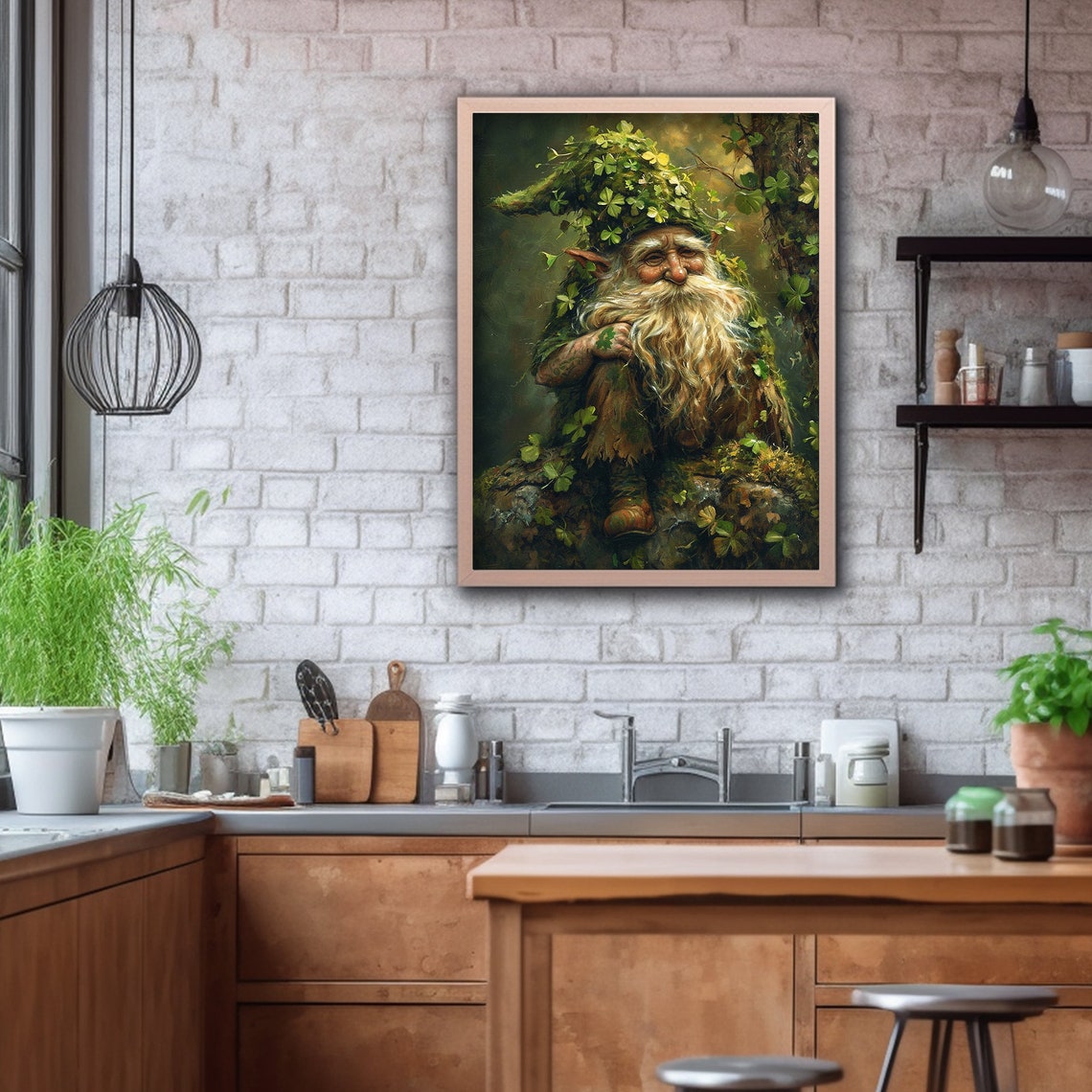 Forest Gnome With Clover Hat Dark Moody Vintage Oil Painting Wall Art - Image 2